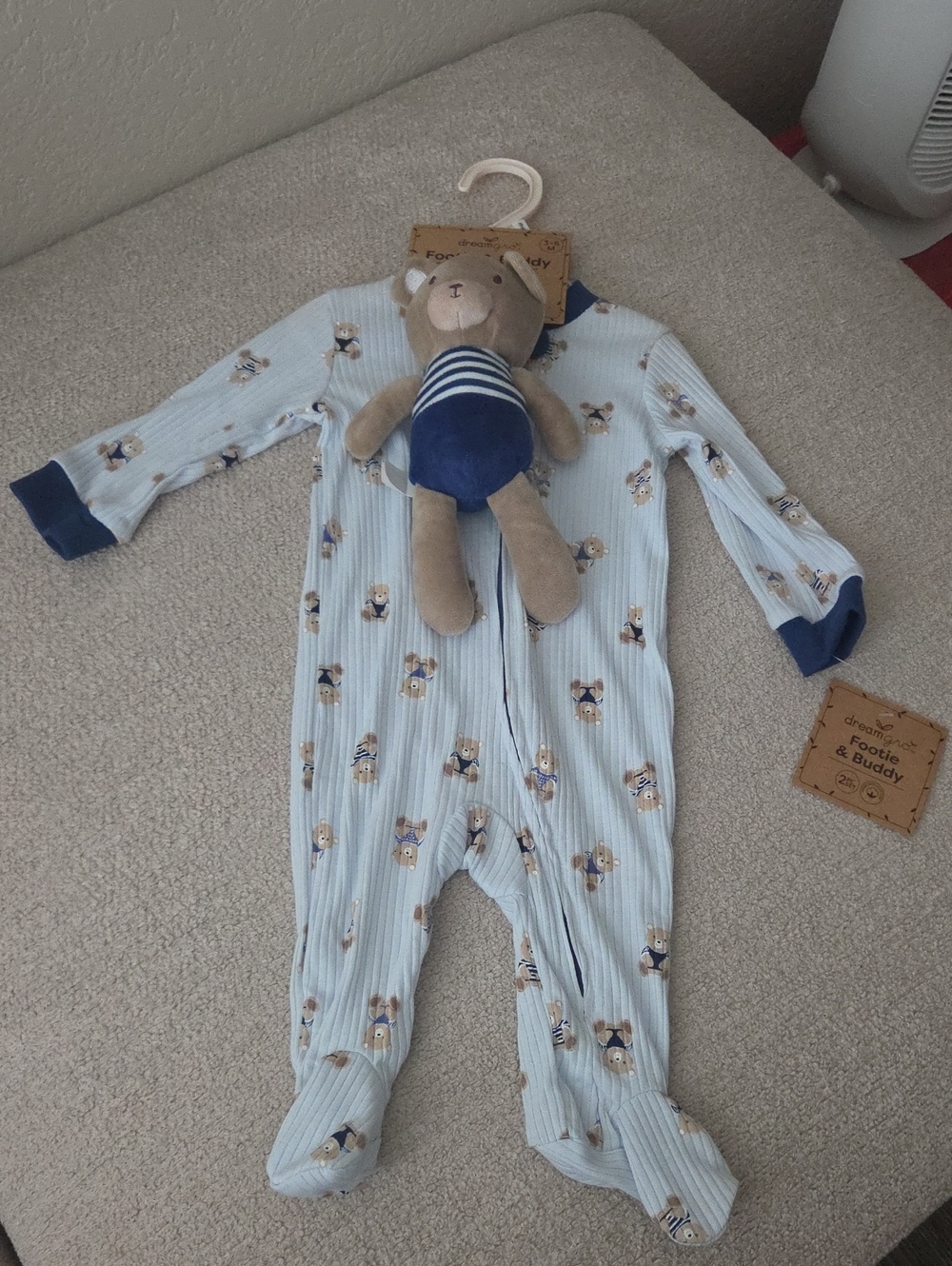 Blue Teddy Print Footed Pajama And Bear Set